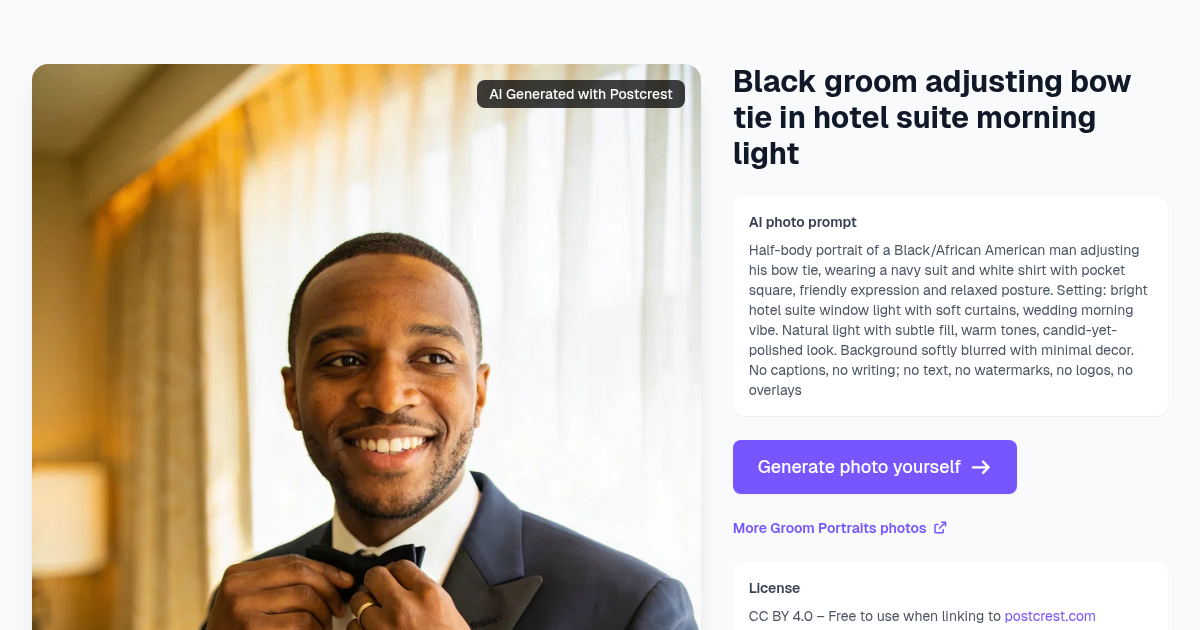 Black groom adjusting bow tie in hotel suite morning light