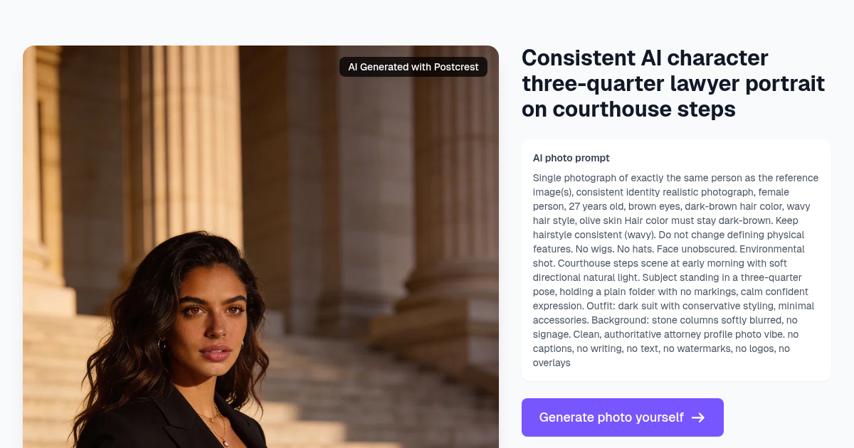 Consistent AI character three-quarter lawyer portrait on ...