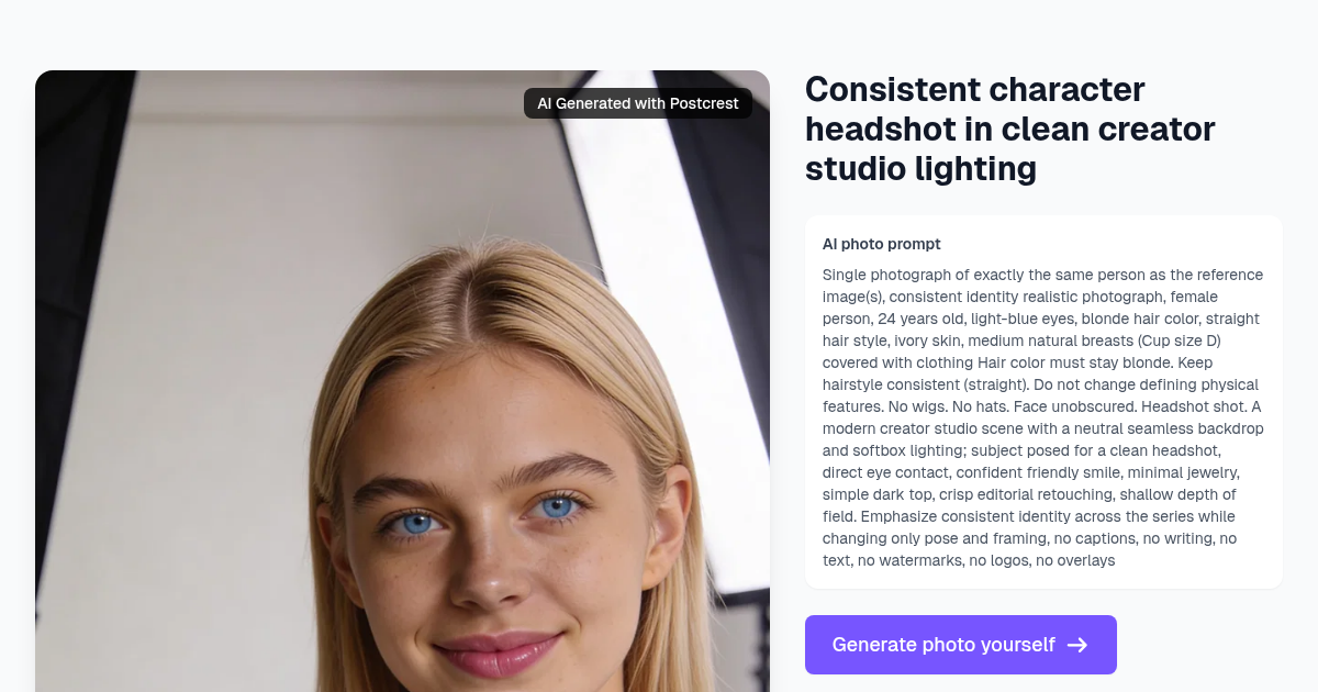 Consistent character headshot in clean creator studio lig...