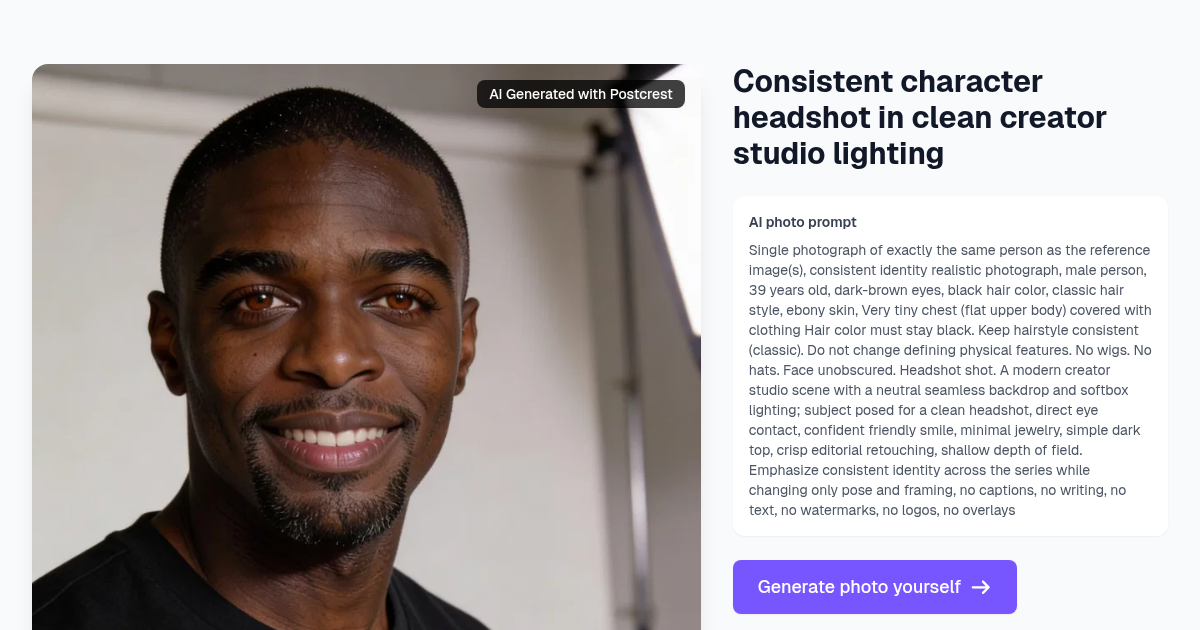 Consistent character headshot in clean creator studio lig...