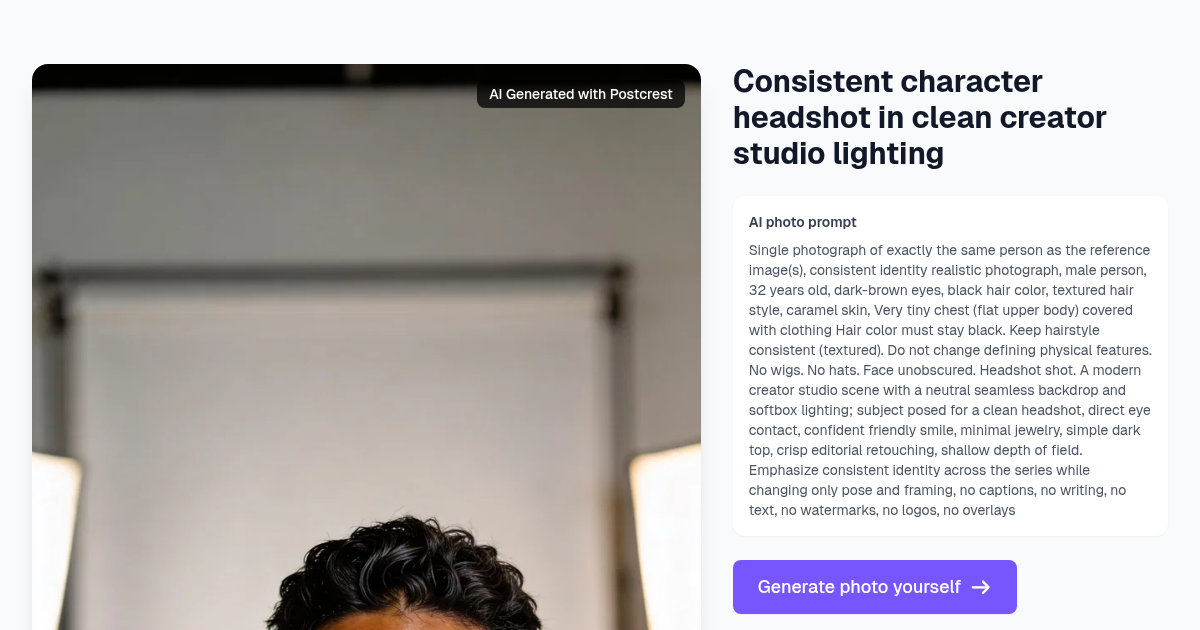 Consistent character headshot in clean creator studio lig...