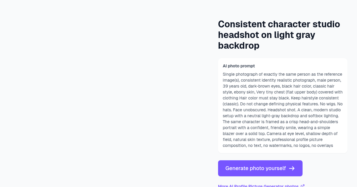 Consistent character studio headshot on light gray backdrop