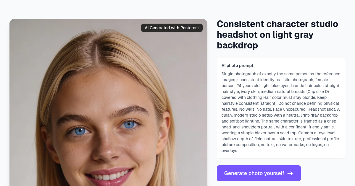 Consistent character studio headshot on light gray backdrop