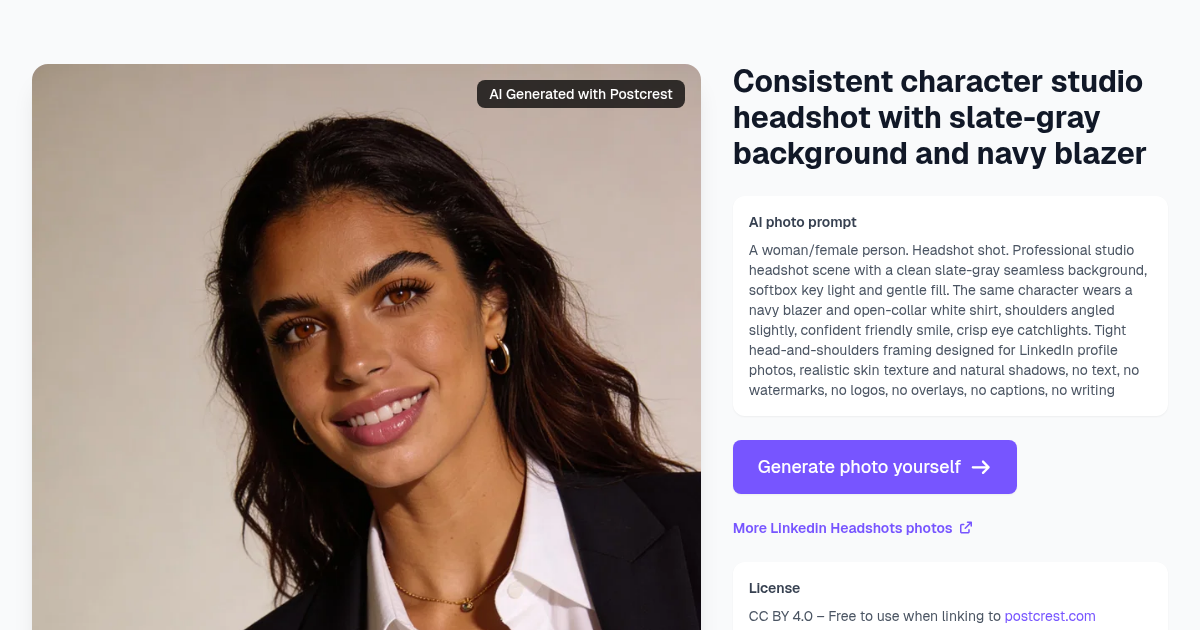Consistent character studio headshot with slate-gray back...