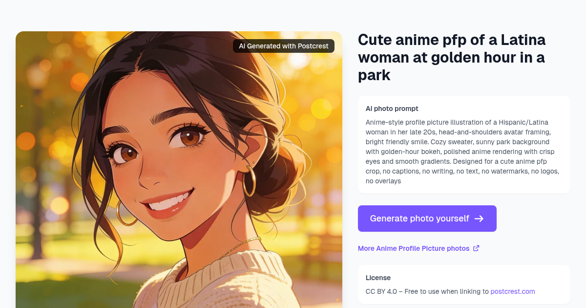 Cute anime pfp of a Latina woman at golden hour in a park