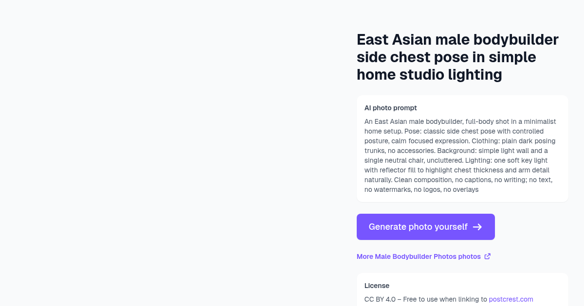 East Asian male bodybuilder side chest pose in simple hom...
