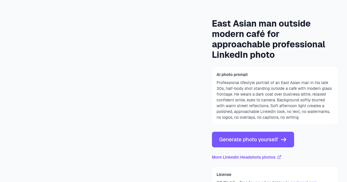 East Asian man outside modern café for approachable profe...