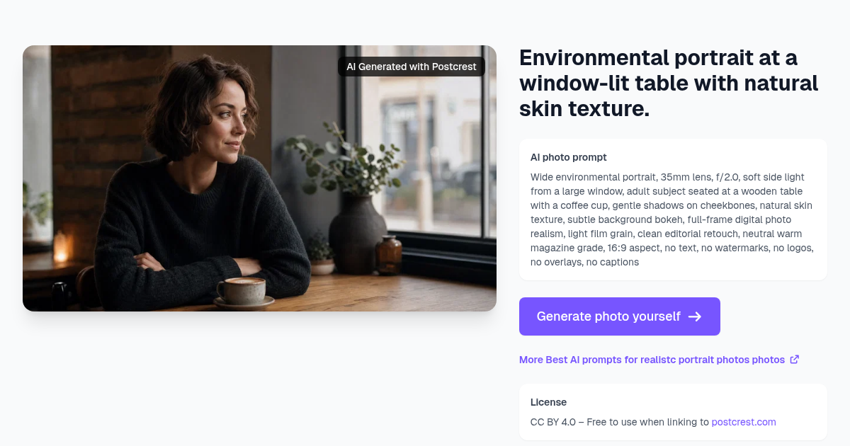 Environmental portrait at a window-lit table with natural...