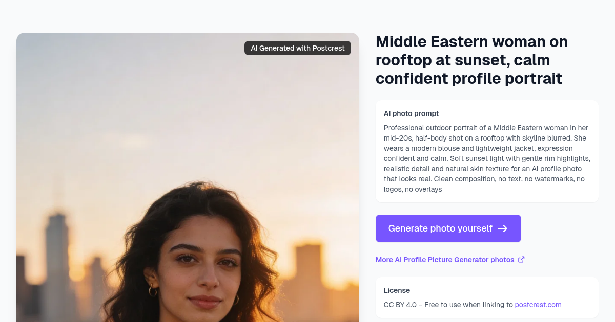 Middle Eastern woman on rooftop at sunset, calm confident...