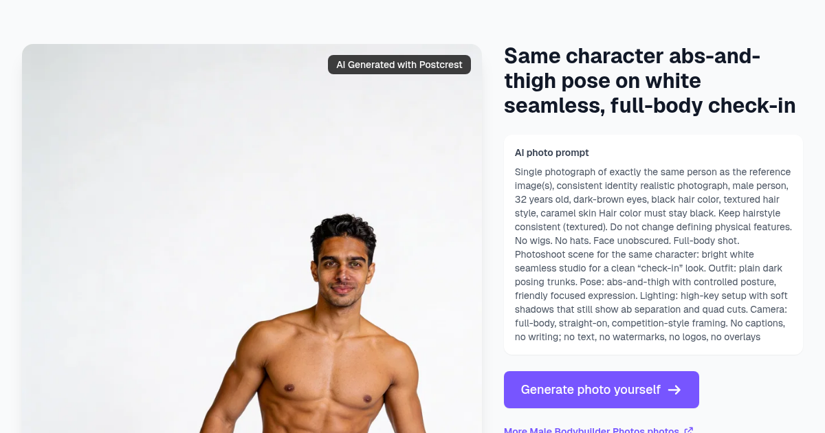 Same character abs-and-thigh pose on white seamless, full...