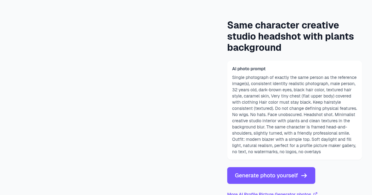 Same character creative studio headshot with plants backg...
