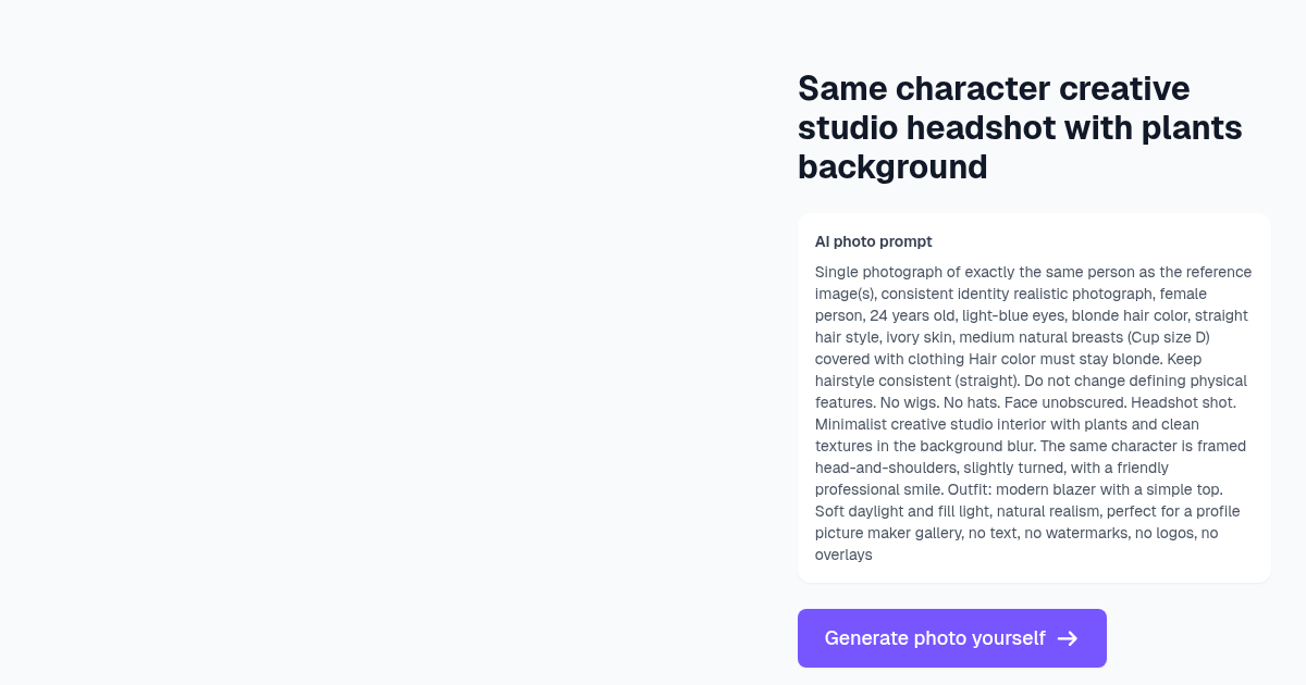 Same character creative studio headshot with plants backg...