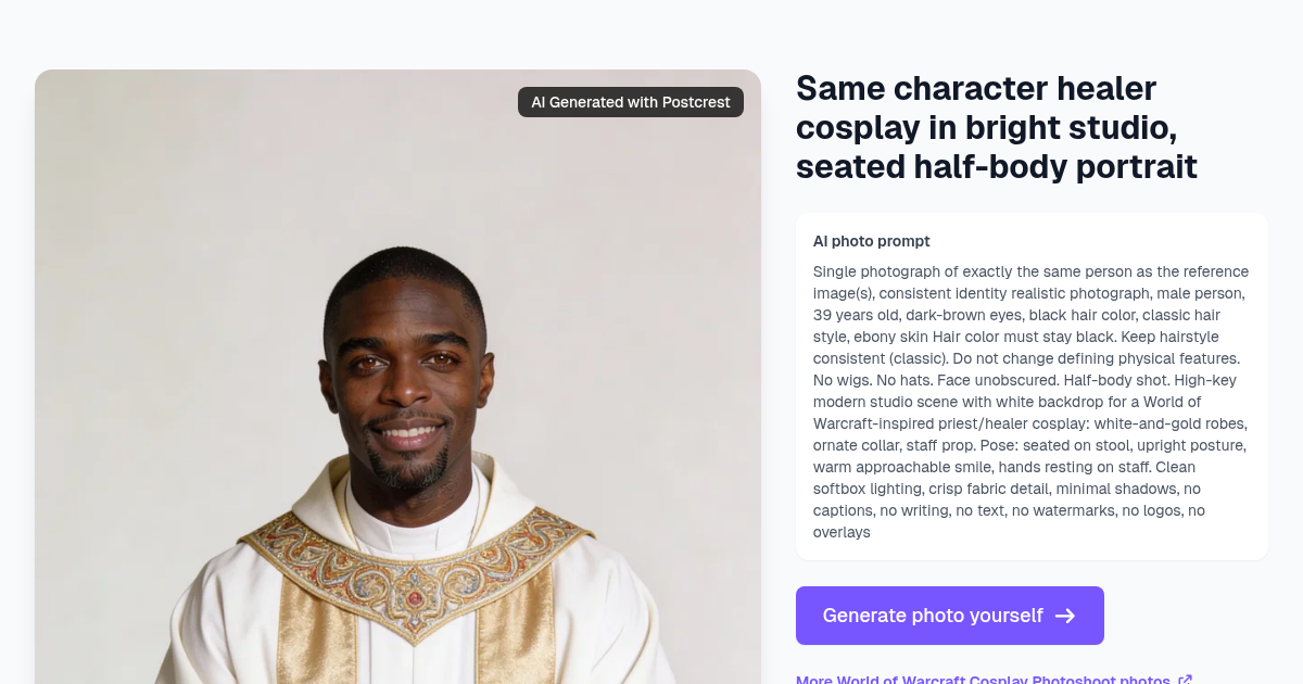 Same character healer cosplay in bright studio, seated ha...