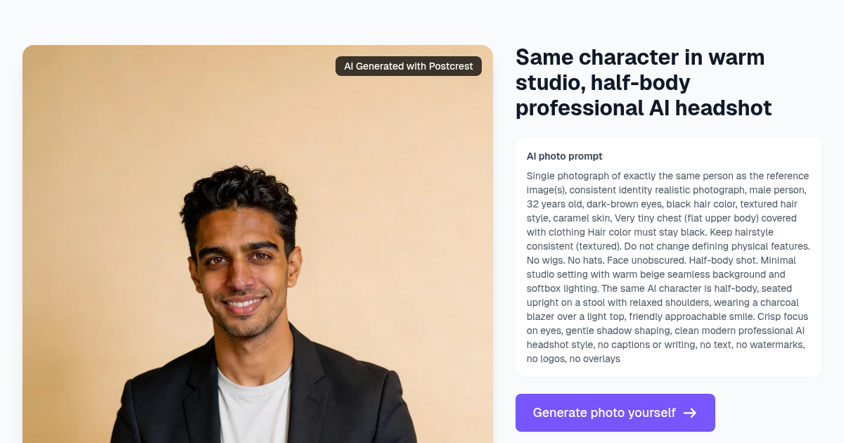Same character in warm studio, half-body professional AI ...