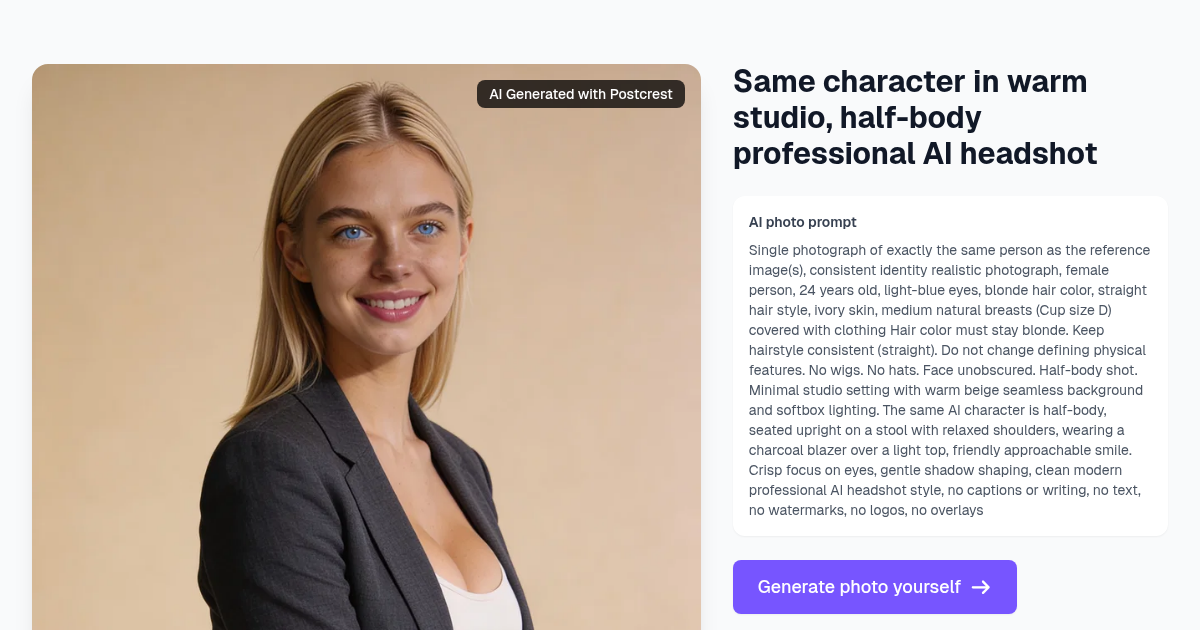 Same character in warm studio, half-body professional AI ...