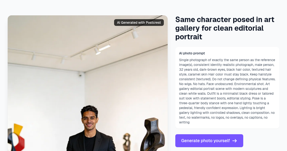 Same character posed in art gallery for clean editorial p...