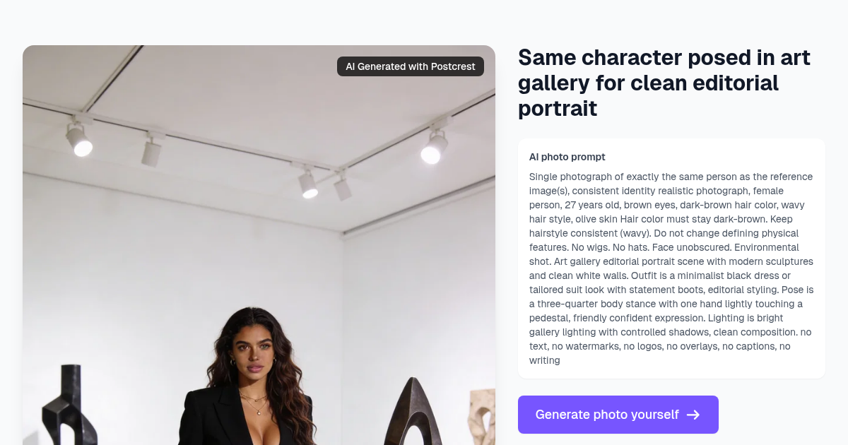 Same character posed in art gallery for clean editorial p...