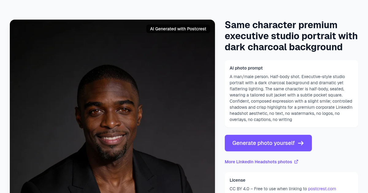 Same character premium executive studio portrait with dar...