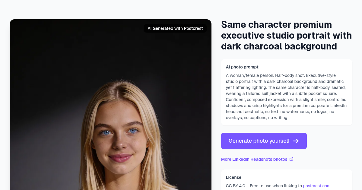 Same character premium executive studio portrait with dar...