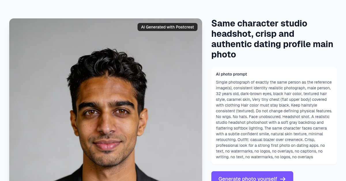 Same character studio headshot, crisp and authentic datin...