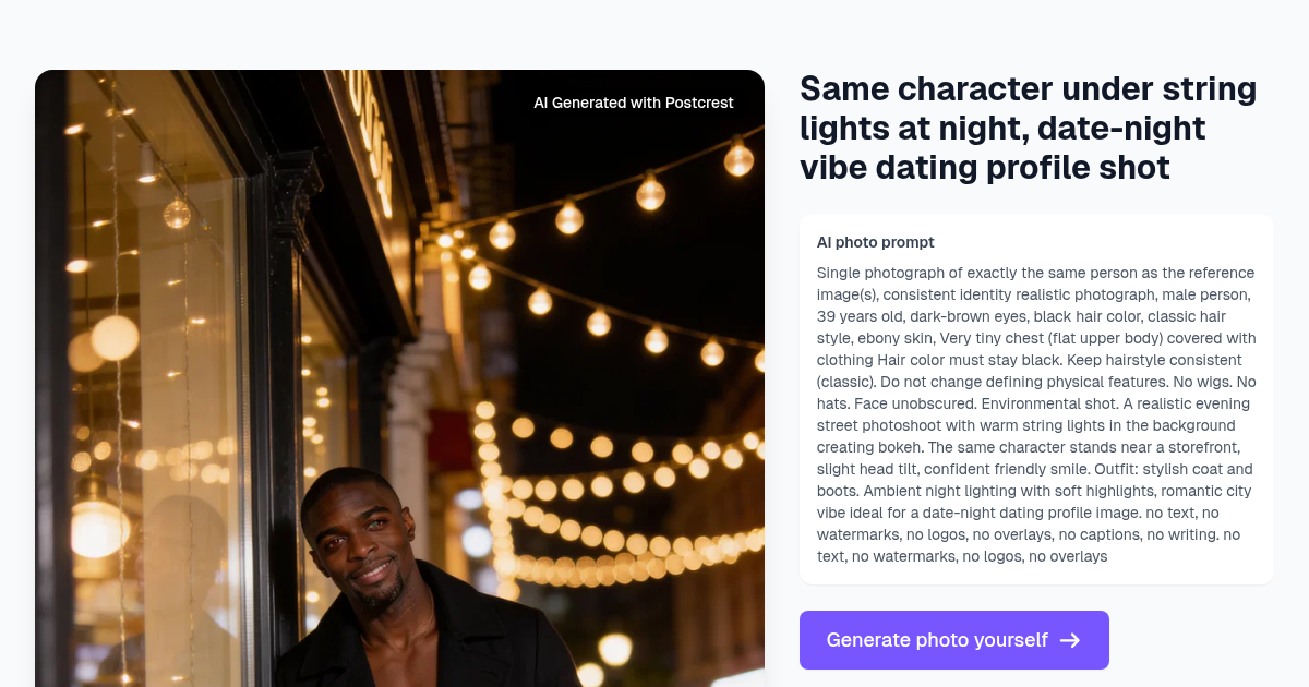 Same character under string lights at night, date-night v...
