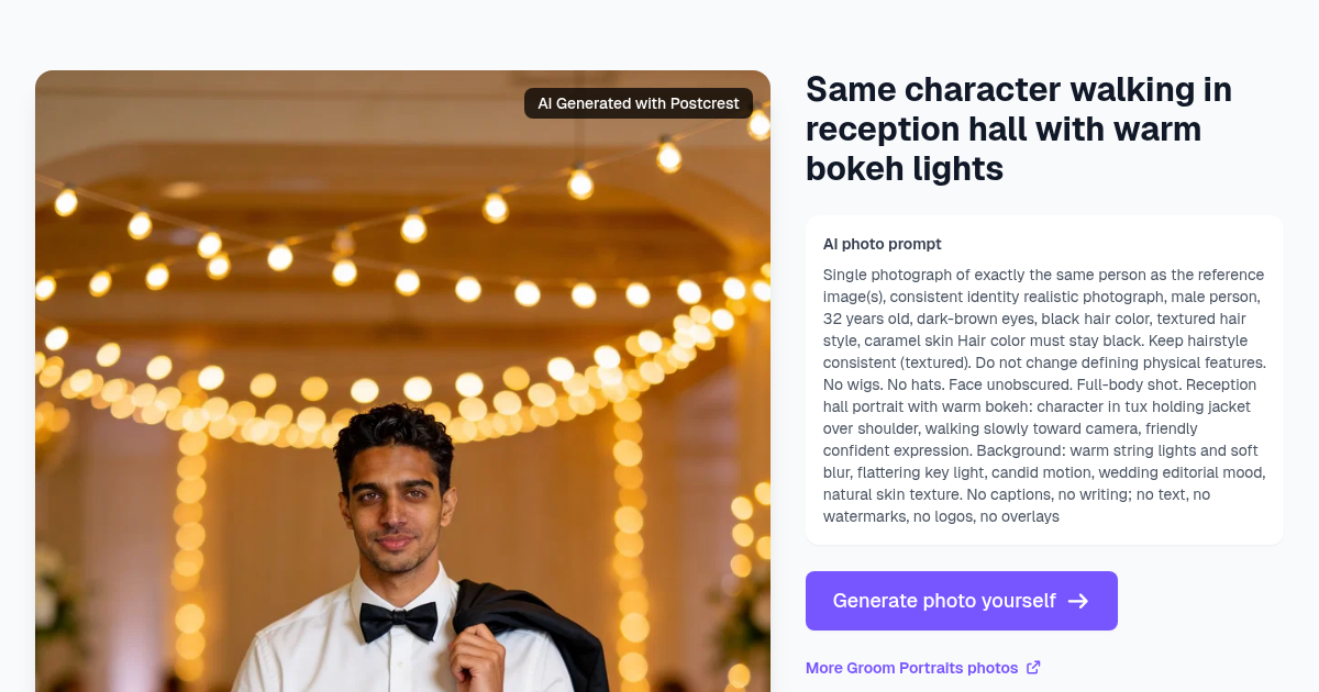 Same character walking in reception hall with warm bokeh ...
