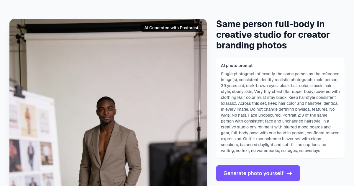 Same person full-body in creative studio for creator bran...