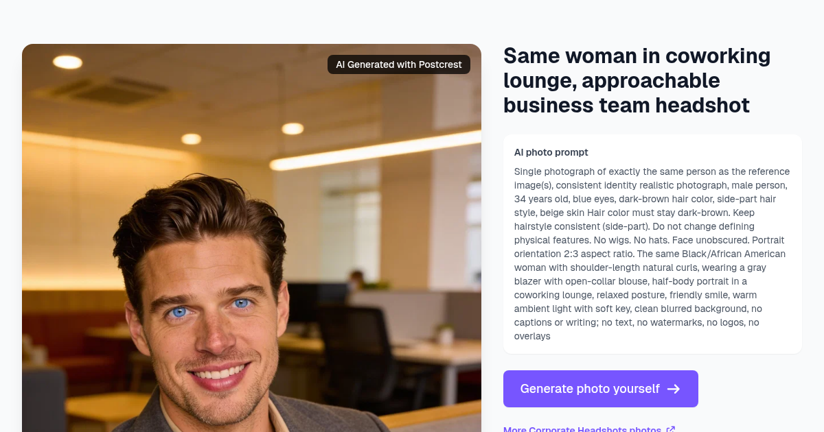 Same woman in coworking lounge, approachable business tea...