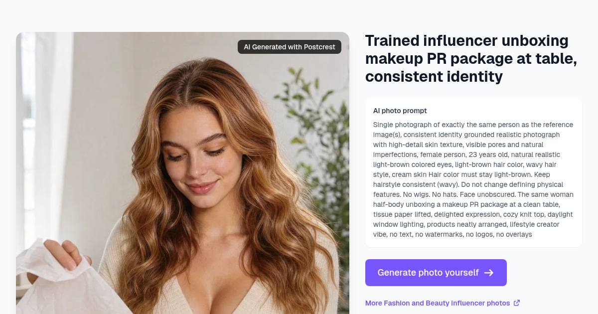 Trained influencer unboxing makeup PR package at table, c...