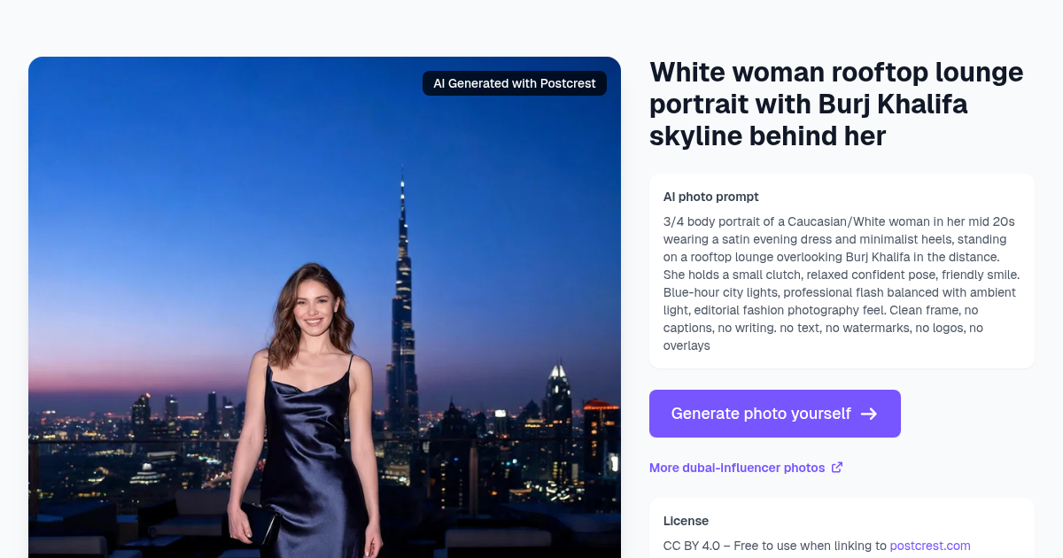 White woman rooftop lounge portrait with Burj Khalifa sky...